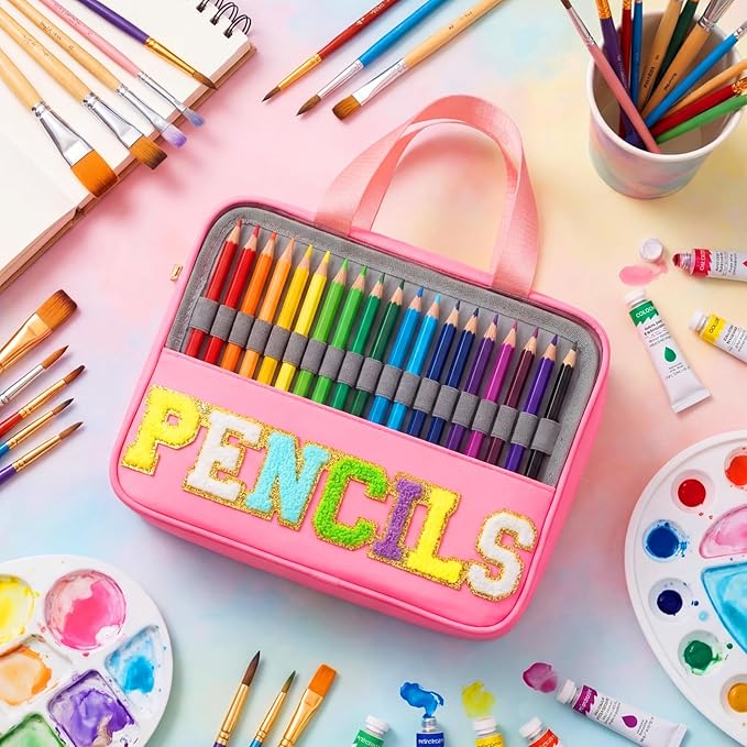 Hillban 108 Slots Large Colored Pencil Case with Chenille Letter Patch Extra Large Capacity Interlayer Pencil Holder Organizer with Handle Zipper Portable Storage Bag Graduation Gift for Artist(Pink)