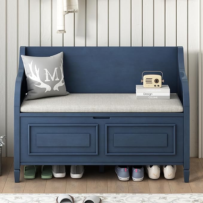 SOFTSEA 41.9" Storage Bench with Back, Entryway Shoe Bench with Cushion & Lift Top Storage, Rustic Shoe Storage Cabinet with Cushioned Seat for Entryway, Bedroom, Living Room (Antique Navy)