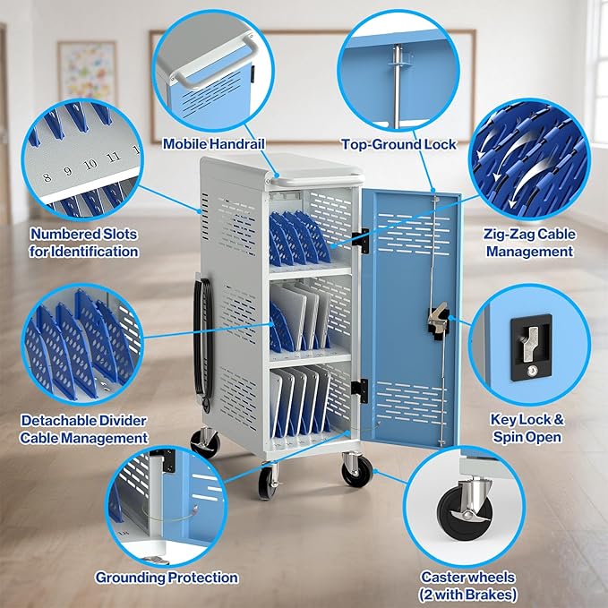 Fully Assembled 18-Device Charging Cart for Chromebook - Locking Laptop Cabinet with Cable Management, Cord Organization, Power Strip - Locks and Stores Tablets up to 14'' and 1.4'' Thick (Gray)