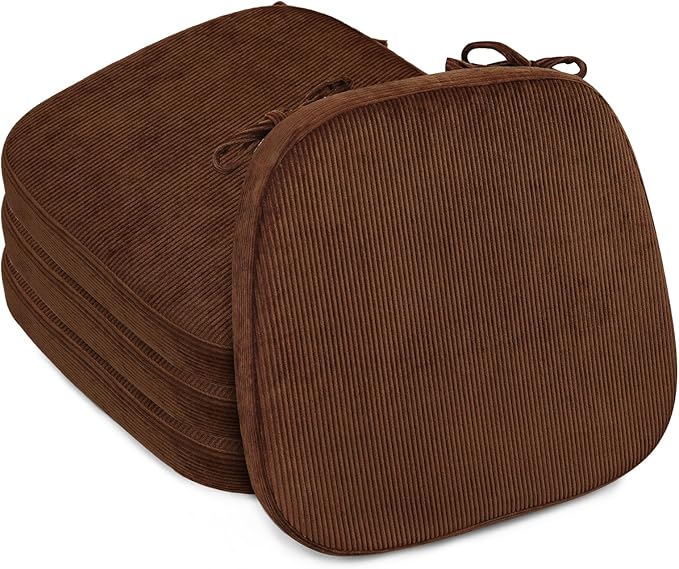 2.5" Thick Chair Cushions for Dining Chair, Corduroy Foam Kitchen Chair Pads, U Shaped Indoor Seat Cushions with Ties & Non-Slip Backing, Removable Washable Cover, 17''x16.5'', Set of 4, Brown