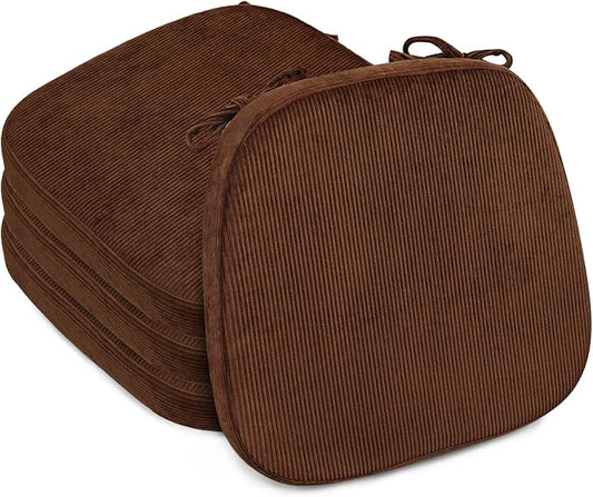 2.5" Thick Chair Cushions for Dining Chair, Corduroy Foam Kitchen Chair Pads, U Shaped Indoor Seat Cushions with Ties & Non-Slip Backing, Removable Washable Cover, 17''x16.5'', Set of 4, Brown