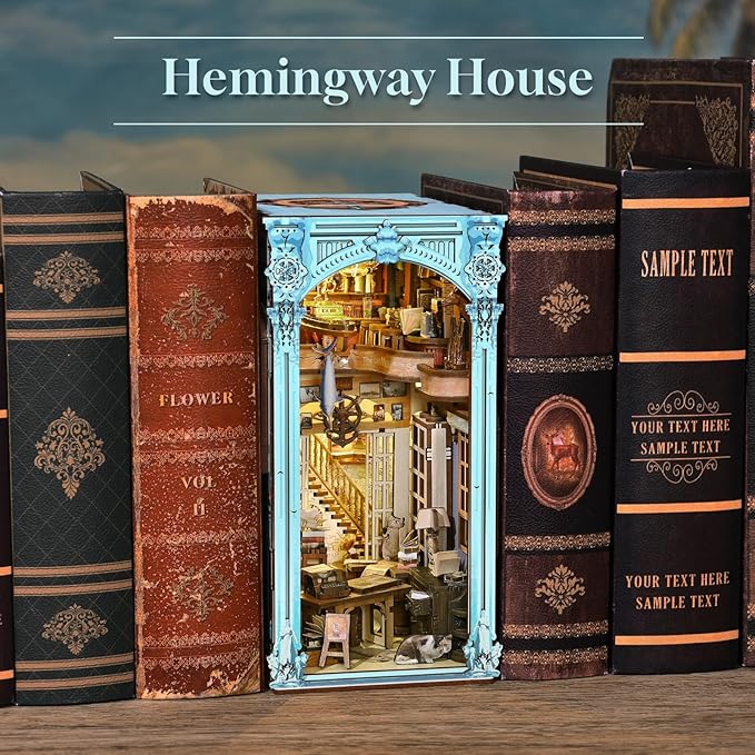 MiniCity Book Nook Kit, DIY Dollhouse Booknook, Book Nook Miniature Kit for Bookshelf Insert Decor Crafts for Adults Teen Halloween, 3D Wooden Puzzle with Led Light (Hemingway House)