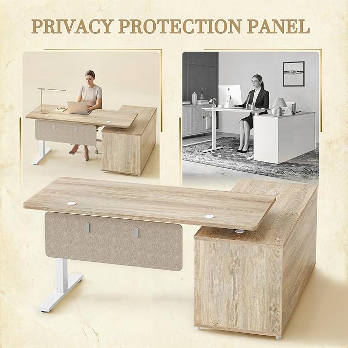 TIQLAB L Shaped Standing Desk with Privacy Protection Panel, 61.4" x 47.2" Height Adjustable Corner Executive Desk with Drawers and Shelves, Standing Computer Desks for Home Office, Maple