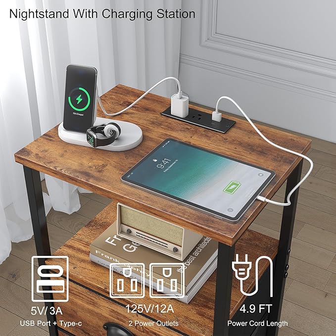 sthmec Nightstand with Charging Station, Night Stand with 2 Fabric Drawers, Bedside Table End Table with LED Light, 3-Tier Storage Side Table Nightstand with Drawers for Bedroom,Rustic Brown
