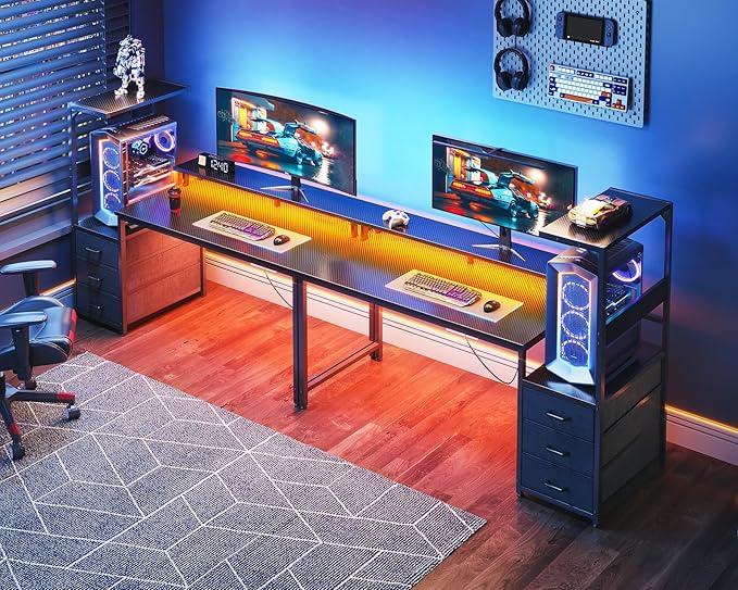 AODK 59 Inch Gaming Desk with LED Light- Reversible Computer Desk with Storage Shelves & Monitor Stand, Modern Gamer Desk Table with Fabric Drawers, Black