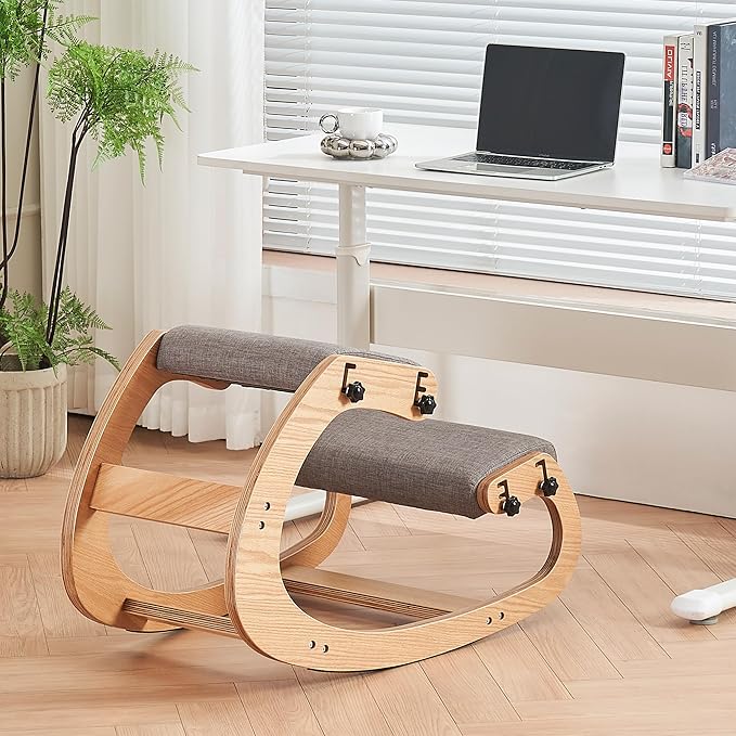 Ergonomic Kneeling Chair,Adjustable Rocking Knee Chair for Home Office,Wooden Office Chair for Back Pain Relief, Grey
