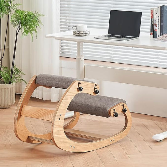 Ergonomic Kneeling Chair,Adjustable Rocking Knee Chair for Home Office,Wooden Office Chair for Back Pain Relief, Grey