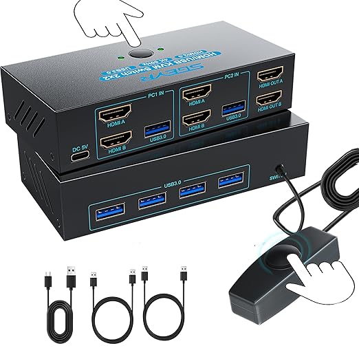 SGEYR HDMI KVM Switch Dual Monitors, 4K@60Hz KVM Switch 2 Monitors 2 Computers with 4 USB 3.0 Ports Share 2 Monitors and USB Devices, Support Wired Remote and Button Switch, Sharing Keyboard& Mouse