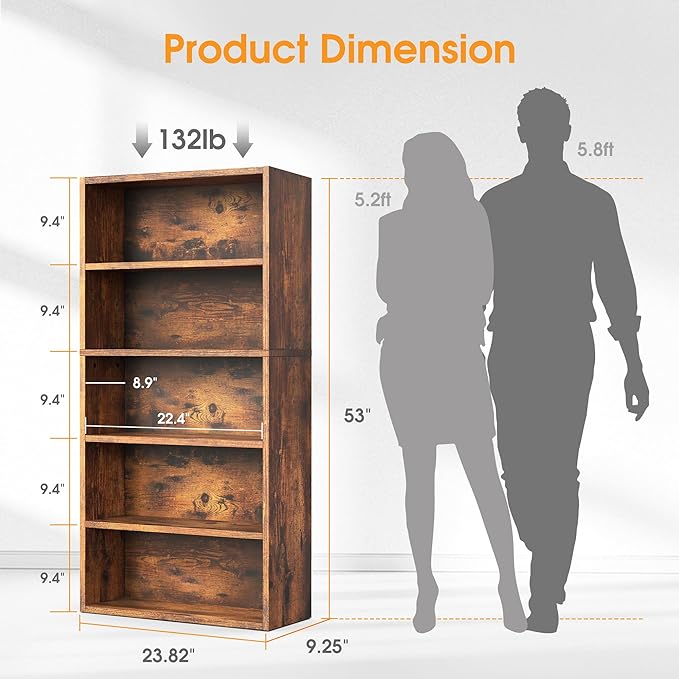 Sweetcrispy Industrial 5 Shelf Bookcase - Large 53 Inch Tall Floor Standing Open Bookshelf for Home Office, Living Room, and Bedroom Storage, Classic White