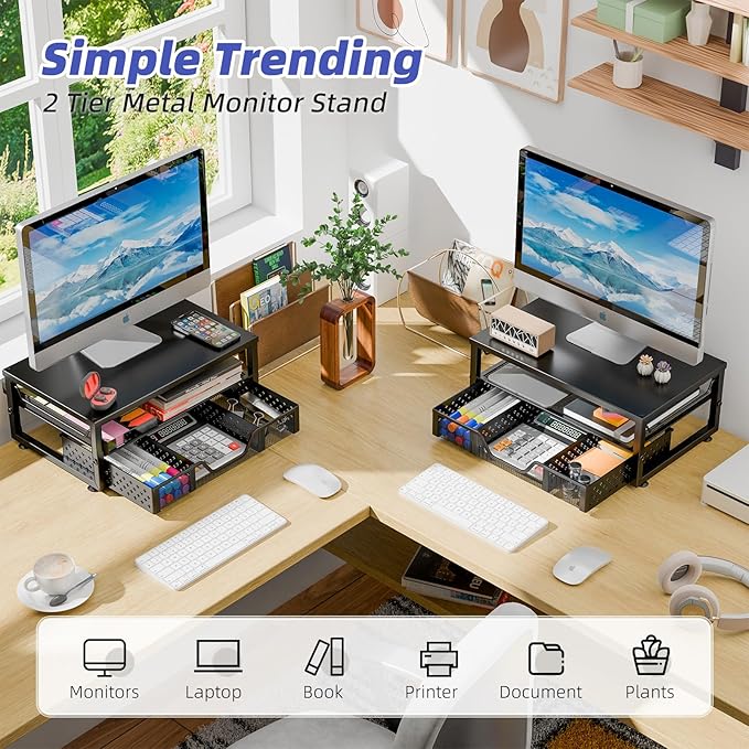 Simple Trending 2-Tier Computer Monitor Stand Riser with Drawer, Desk Organizer for Home Office, Black