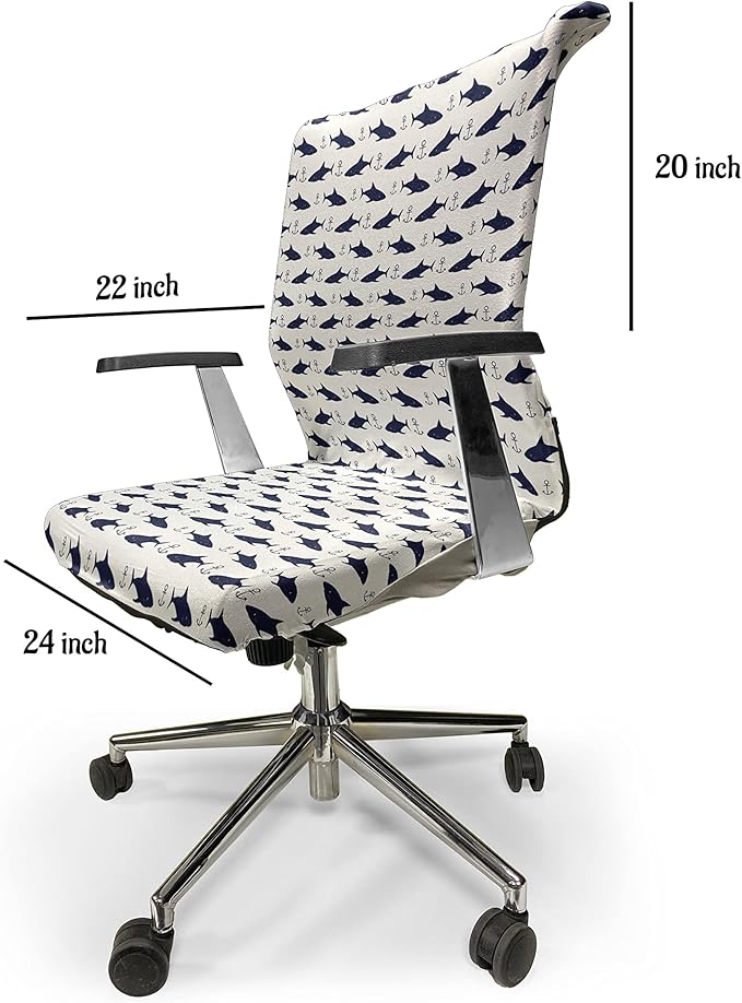 Ambesonne Anchor Office Chair Cover, Aquatic Pattern with Sharks and Anchors Contemporary Classical Modern Fish Animal, Stretchable Decorative Universal Size High Back Printed Slipcover, Indigo White