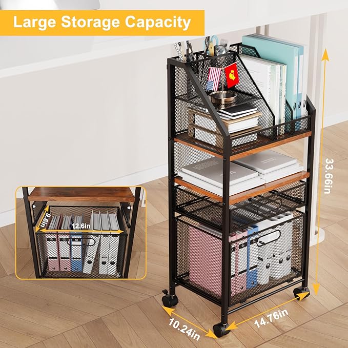Rolling File Cart with 2 Drawers Metal Moving Craft Storage Cart with Lockable Wheels Wood&Mesh Rolling File Organizer Filing Cabinets for Home Office Classroom Organization(31 * 15 * 10 Inch)