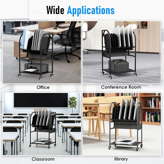 2 Tier Open Laptop Charging Cart with Wheels, 10 Device Mobile Charging Station for chromebook, iPads and Tablet, Laptop Charging Storage Rack for Office and Classroom