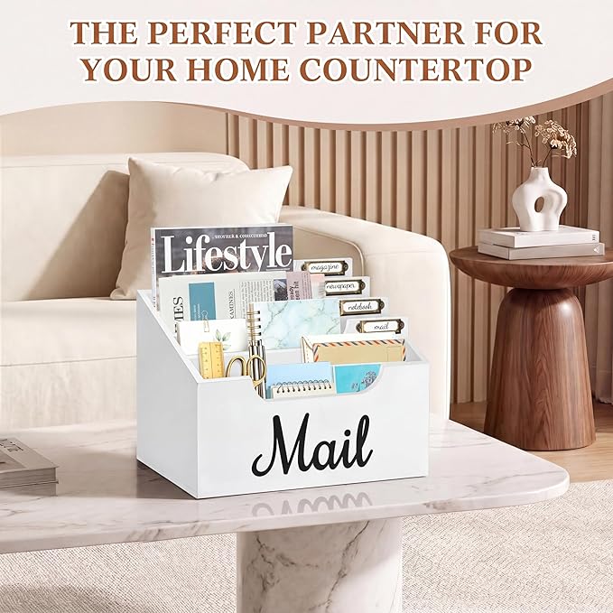 Rustic Wood Mail Organizer Countertop with 4 Slots, White Mail Holder for Desk, Removable Dividers Mail Sorter, Letter Bill File Organizer for Home Office Classroom, Desktop Organizer with Free Labels