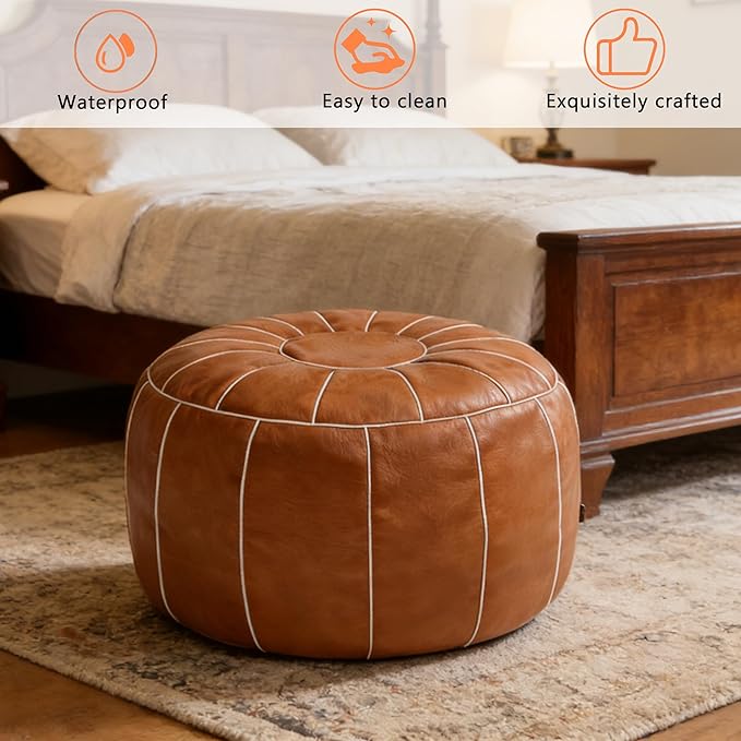 Thgonwid Unstuffed Moroccan Storage Pouf Foot Stool Ottoman Seat, No Filler Included, Handmade Faux Leather Bean Bag Floor Chair Foot Rest for Living Room, Bedroom or Balcony, Brown