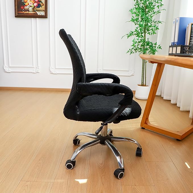 Black Office Chair Cover with Armrest Cover 18Inch Wide Stretch Jacquard Small Desk Computer Chair Covers with Long Zipper Arm Slipcovers Washable