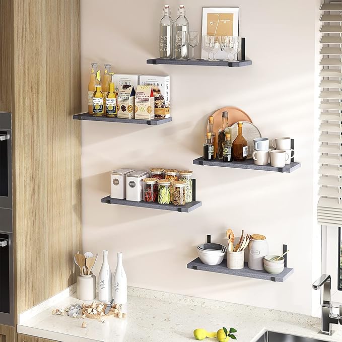 Fixwal Wall Shelves for Bedroom Set of 5, Width 4.7 Inches Floating Shelves, Rustic Wood Wall Storage Shelves for Bedroom, Living Room, Kitchen, Bathroom (Grey)