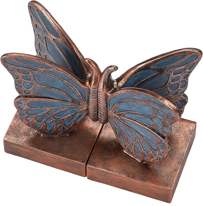 Blue Butterfly Bookends - Creative Book Stopper, Vintage Heavy Duty Book Ends, Decorative Bookends for Heavy Books