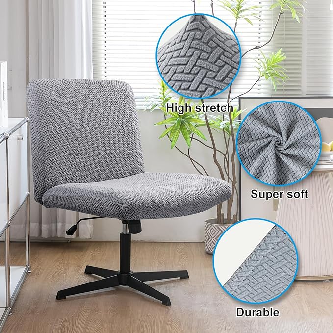 Iauddy Armless Criss Cross Office Desk Chair Cover Slipcover,Accent Mid Back Wide Swivel Task Vanity Slipper Chair Protector Stretch Removable Without Arms for Accent Chair(Grey/Jacquard)