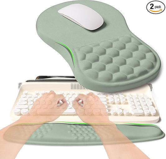 2-in-1 Ergonomic Set, Wave Rise Keyboard Wrist Rest and Massage Bulge Slope Mouse Pad Wrist Support, Cushion Memory Foam Integrated to Relieve Wrist Pain, Light Green