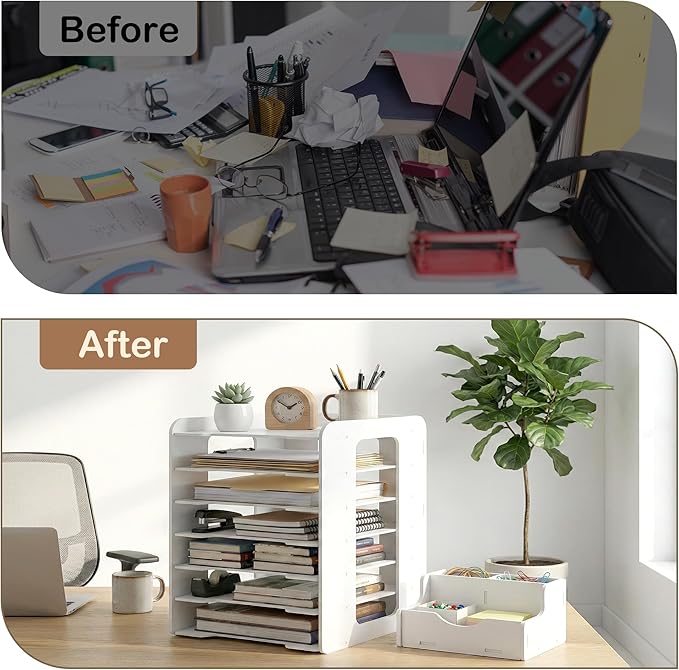 Desk Organizer, 7-Tier File Organizer for Desk, Letter Tray Paper, Desktop Document Sorter for Letter, File Folder Holder with Pen Holder for Office, Home or School- White MLT001W7