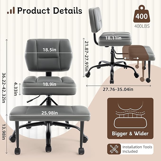 Ergonomic Criss Cross Legged Office Chair, ADHD Chair, 360° Swivel Meditation Kneeling Chair with Wheels, Adjustable Footrest, Bigger & Wider Height Adjustable Seat, Strong Lumbar Support, Grey PU