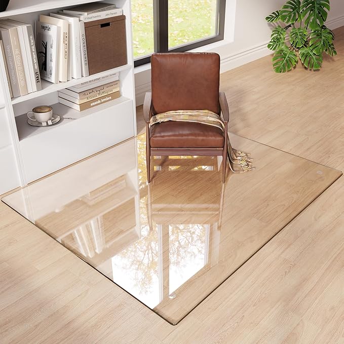 Tempered Glass Chair Mat 55"x46" – Ultra-Clear Office Chair Mat for Hardwood Floors & Low-Pile Carpets – Heavy-Duty 0.2" Scratch-Resistant Surface with Non-Slip Pads – Supports 1,000 lbs