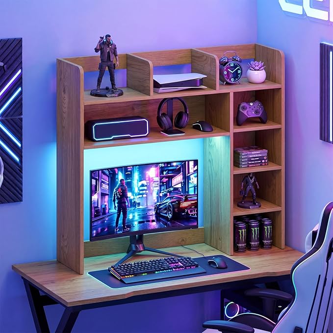 Tangkula Desktop Bookshelf with LED Lights, Desk Hutch with 8 Shelves for Max 25" Monitor, Desktop 5-Tier Display Rack, Multipurpose Wood Desktop Storage Hutch Organizer for Dorm Office Home (Natural)