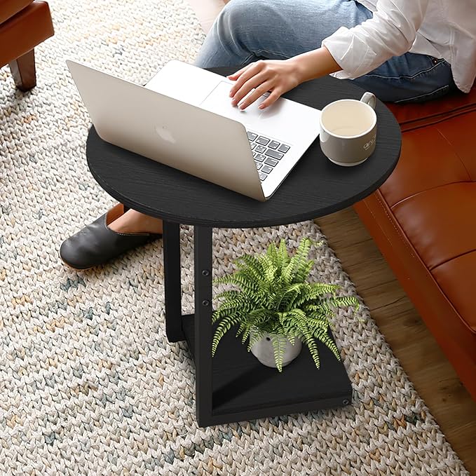 Hosfais Small Side Table End Table, C-Shaped Wood Coffee Table TV Tray for Eating Couch Tables for Small Space, Living Room, Bedroom, Couch (Black 2 Pack)