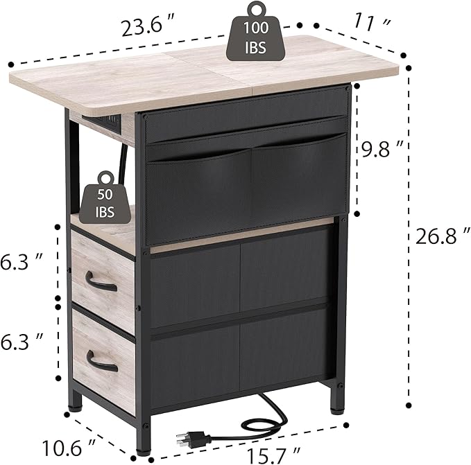 Yenlure Small Side Table with Charging Station, Narrow Nightstand Bedside Tables with Storage Pocket for Living Room Bedroom, Sofa End Table with USB Ports and Power Outlets for Small Spaces, Greige