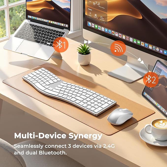 MEETION Ergonomic Keyboard and Mouse Wireless, Split S-Curve Design, 2.4G Wireless & Dual Bluetooth, Slim Low-Profile Rechargeable Full Size Keyboard, 4 DPI Mouse for Windows Mac PC Laptop, White