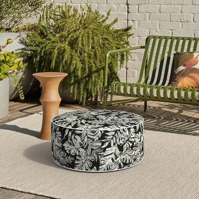 Outdoor Patio Inflatable Ottoman, 21x9 Inch Portable Stool Ottoman with Handle, Round Footrest Stool for Home Garden Camping, Tropical Leaf Black