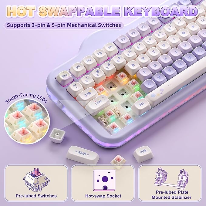 YUNZII C98 Wireless Mechanical Keyboard with Number Pad,99 Key BT5.0/2.4G/USB-C Hot Swap Gasket Mount with PBT MOA Keycaps,Custom RGB,Cute Cake Keyboard for Win/Mac (Purple, Candy Linear Switch)