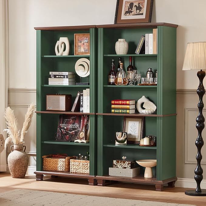SAVOR LIFE 70" Tall Green Bookshelf,5 Tier Wooden Book Shelf with Adjustable Shelves & Wood Legs,Free Standing Farmhouse Bookcase with Open Display Storage,Vintage Bookshelves for Library, 2PCS