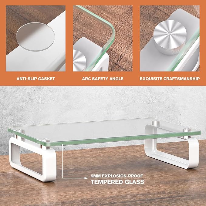 Hemudu Clear Computer Monitor Stand Riser Multi Media Desktop Stand for Flat Screen LCD LED TV, Laptop/Notebook, with Tempered Glass and Metal Legs, HD02T-001