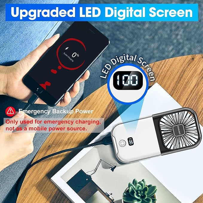 USB Rechargeable Upgraded 5-in-1 Portable Handheld Fan, Necklace Fan, Desk Fan, Foldable Phone Stand, 4 Speeds Airflow, Quiet Personal Fans with LED Digital Screen (Black)