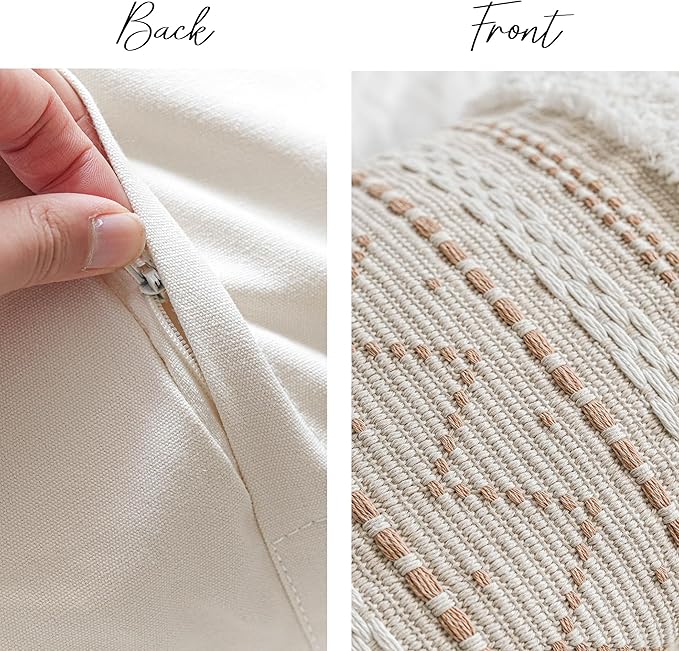 BlissBlush Decorative Throw Pillow Covers 18X18 Combo Set of 2 Square Cream Neutral White Boho Accent Pillowcase Tassels Farmhouse Cushion for Couch Sofa Bedroom Living Room Home Décor Cover ONLY