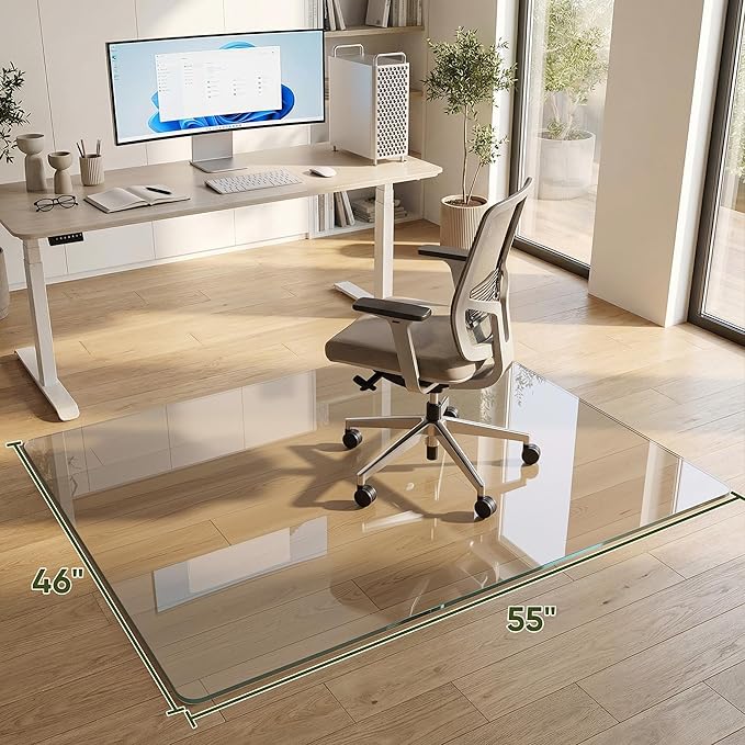 Tempered Glass Chair Mat for Hardwood Floor, 46" x 55" Heavy Duty Glass Office Chair Mat, for Low Pile Carpet, 0.2" Thick with 4 Non-Slip Pads, Smooth Rolling for Home & Office