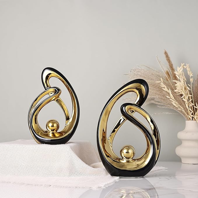 DOVDOV Abstract Ceramic Statue 2 Piece Home Decor Accessory Set, Mid-Century Modern Art Decor and Accessories, Black and Gold Living Room Coffee Table Dining Table Center Foyer Entry Table Decor.