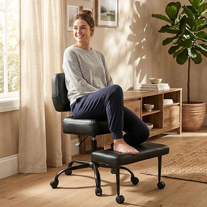 Ergonomic Criss Cross Legged Office Chair, ADHD Chair, 360° Swivel Meditation Kneeling Chair with Wheels, Adjustable Footrest, Bigger & Wider Height Adjustable Seat, Strong Lumbar Support, Black PU