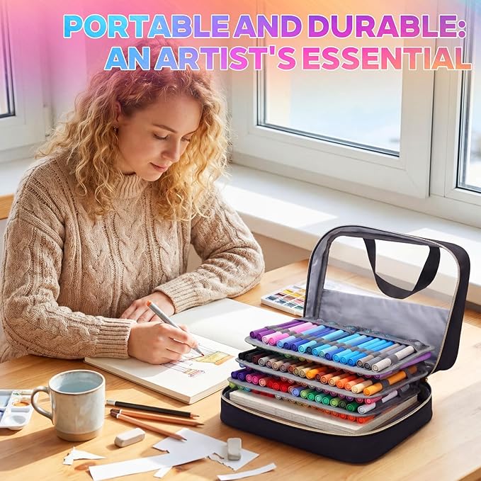 Hillban 108 Slots Large Colored Pencil Case with Chenille Letter Patch Extra Large Capacity Interlayer Pencil Holder Organizer with Handle Zipper Portable Storage Bag Graduation Gift for Artist(Black)