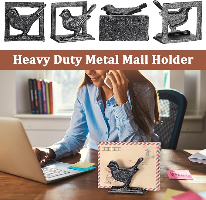 BTSKY Cast Iron Mail Organizer Countertop, Heavy Duty Desk Mail Holder for Letters & Documents, Vertical Envelope Sorter for Home Office, Bill Rack - Black, Bird Shape