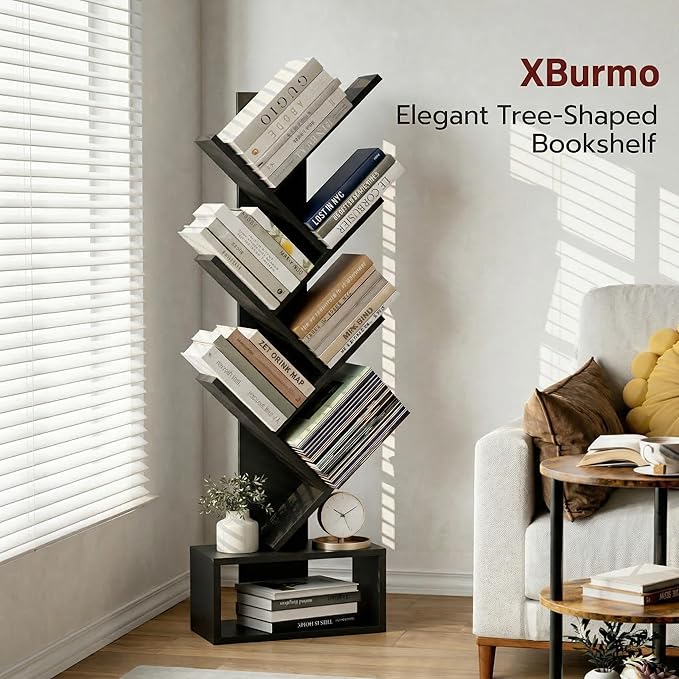 XBurmo 6 Tier Tree Book Shelf - Small Bookshelf Decor, Corner Bookshelf, Living Room Storage, Tall Narrow DVD & CD Shelf Storage Bookshelves, Comic Bookcases Standing for Bedroom or Office, Black
