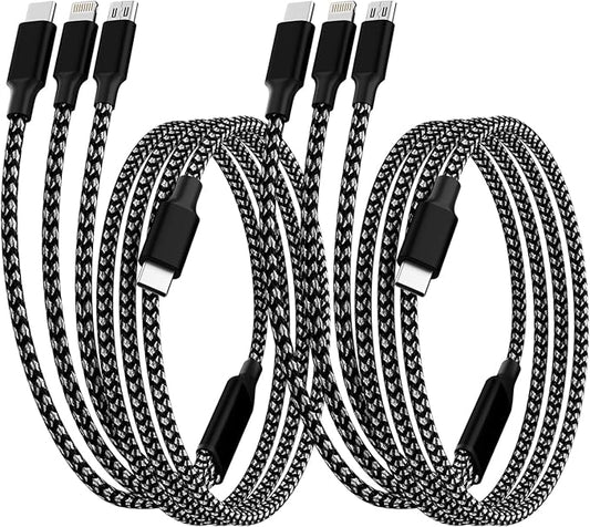 IDISON USB C Multi Charging Cable [2Pack 4FT], 3 in 1 Charging Cable Nylon Braided USB-C Multiple Charger Cord with Type-C, Micro USB and IP Port for iPhone 17/16/15 Series/Cell Phones and More