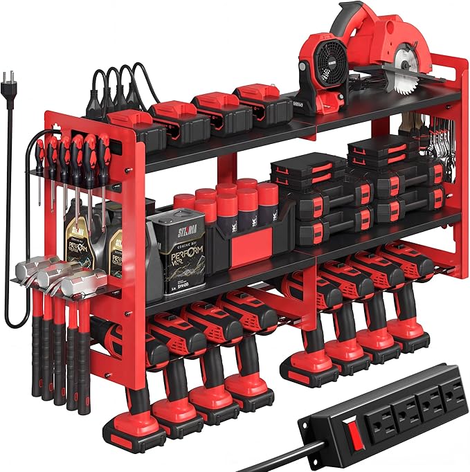 TOPRINCE Large Power Tool Organizer Wall Mount with Charging Station, 3-Tier Heavy Duty Metal Tool Rack with 8 Drill Holders and 6FT Power Strip, Garage Workshop Storage.Red