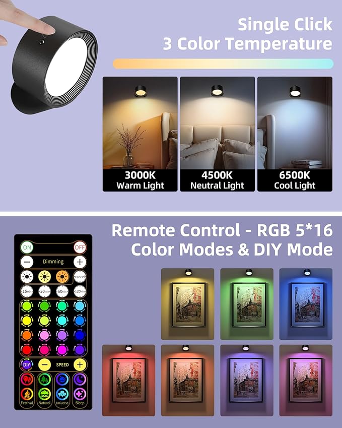 Wall Mounted Lights, 3 Pack Rechargeable RGB Color Changing Light, 3 Color Temps & Remote and Touch, 360° Rotation Dimmable Cordless for Study Bedroom Reading Bedside (Black)