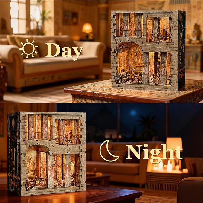 fifijoy Book Nook Kit - Egyptian Pharaohs Tomb DIY Miniature House Kit for Adults and Teens, Dollhouse BookNook Tiny House, Bookshelf Decor 3D Wooden Puzzle, Unique Gifts for Family and Friends