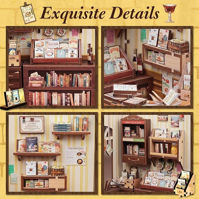 Fsolis Book Nook Kit - DIY Miniature Dollhouse Kit 3D Puzzles for Adult Beginners Tiny House Mini Booknook Craft Bookshelf Decor, 156 Wooden Pieces, Gifts for Women Teenagers (Cooking Bookstore)