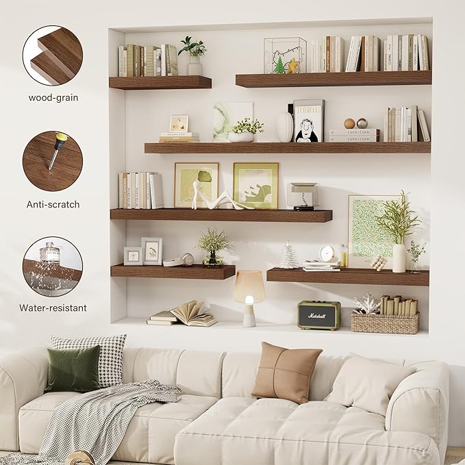Acovy 72 Inch Floating Shelves, 12" Deep Floating Shelf Wall Mounted, 72" Wall Shelves, Rustic Deep Bookshelf, Extra Deeper & Thicker Display Shelves for Bedroom, Living Room, Walnut, Set of 1