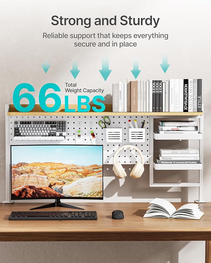 PEGZONE Clamp on Desk Shelf, 44" Desktop Shelving System with Pegboard and Accessories, Desktop Organizer with 2-Tier Shelf, Desk Pegboard for Gaming Office, White